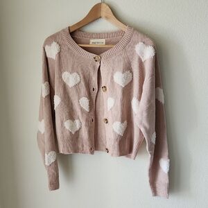 May Berries Pink Blush Fuzzy Hearts Cropped Cardigan  Sz L Feminine Coquette Y2K